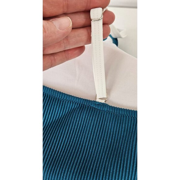 Womens Large High Waisted Bikini Set Adj Straps Ribbed Texture Green White - Picture 9 of 12